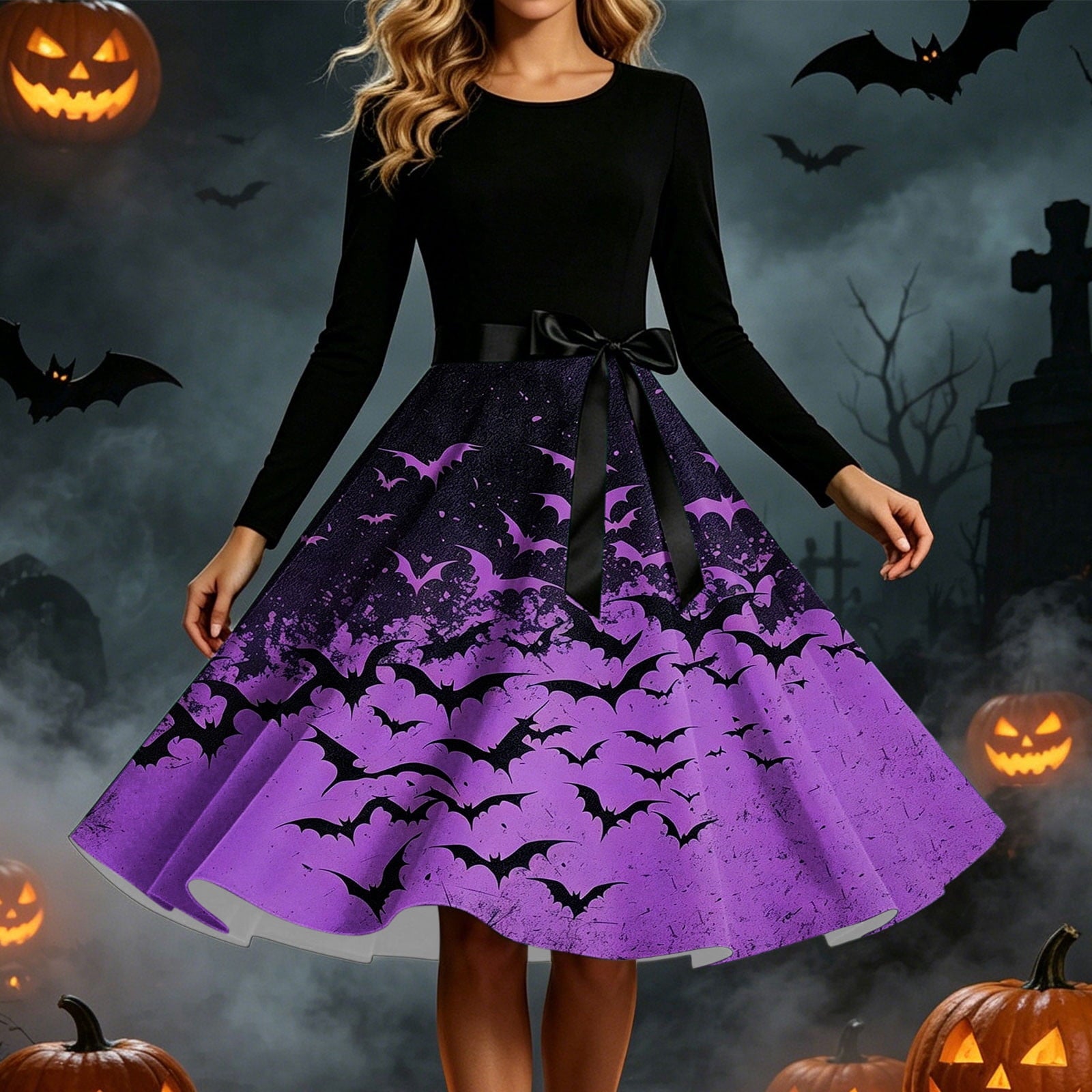 Women's Vintage Halloween Bat Print Swing Dress Long Sleeve 1950s Retro A-Line Midi Dresses with Satin Sash Belt for Gothic Cosplay Evening Prom Party