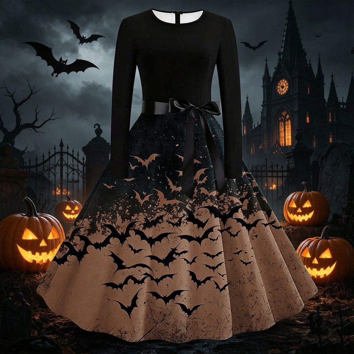 Women's Vintage Halloween Bat Print Swing Dress Long Sleeve 1950s Retro A-Line Midi Dresses with Satin Sash Belt for Gothic Cosplay Evening Prom Party