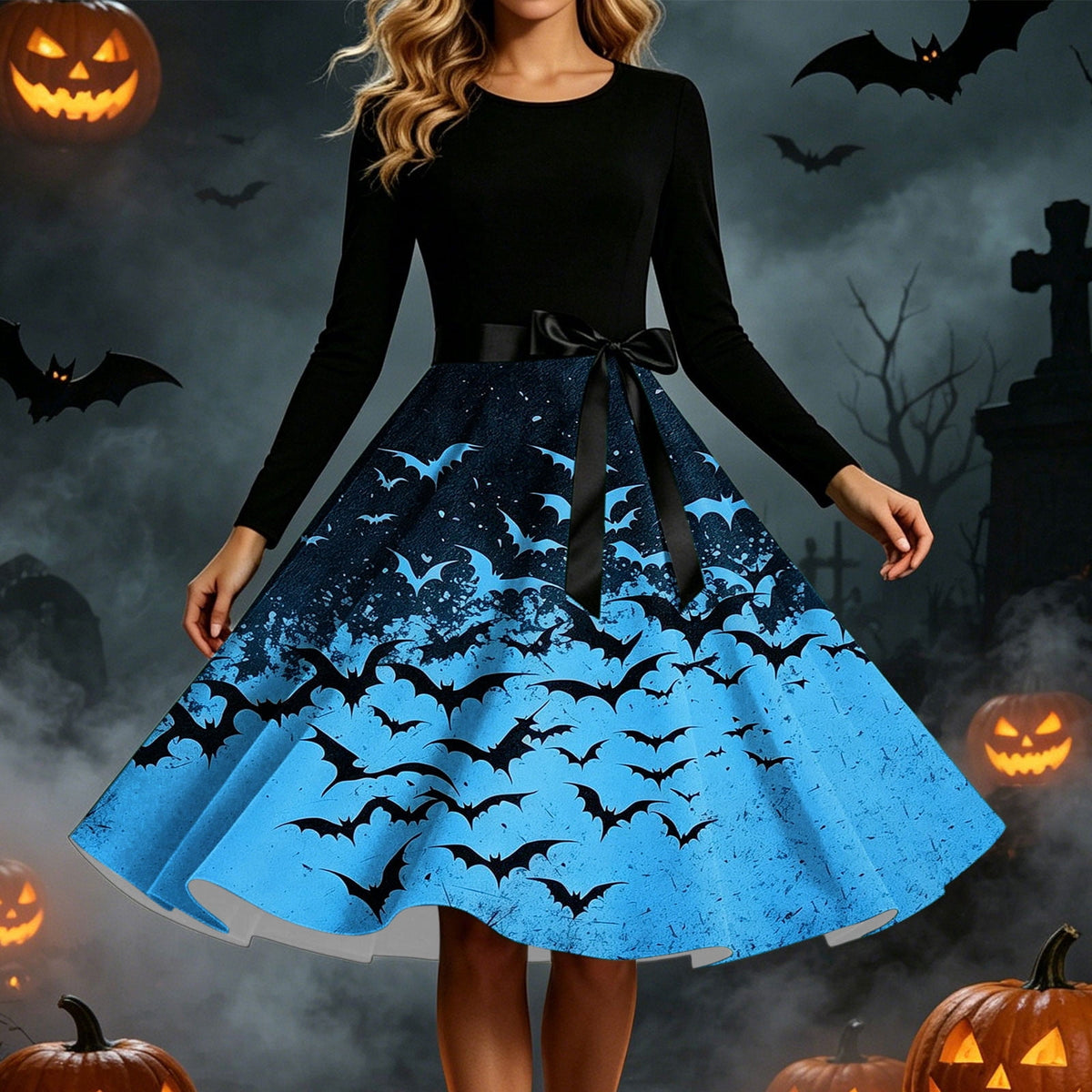 Women's Vintage Halloween Bat Print Swing Dress Long Sleeve 1950s Retro A-Line Midi Dresses with Satin Sash Belt for Gothic Cosplay Evening Prom Party