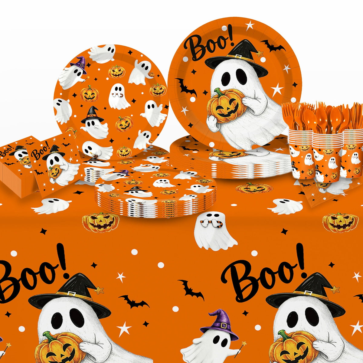 Wowhub Boo Ghost Pumpkin Halloween Tableware Set Serves 24, Halloween Plates and Napkins, Disposable Summerween Party Supplies with Cups, Cutlery & Tablecloth for Halloween Birthday Decorations
