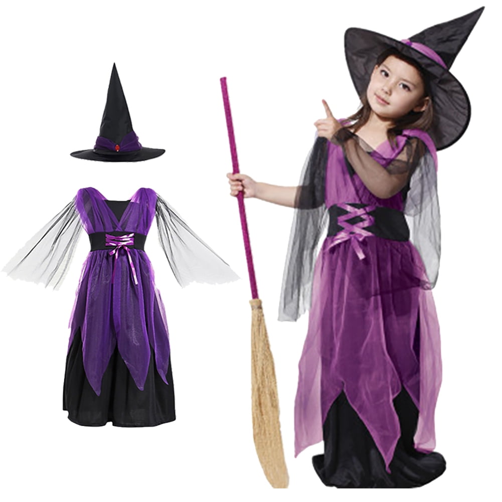 Xinhuaya 3-13T Halloween Witch Costume Set Dress Hat Broom Tutu Skirt for Halloween Cosplay Party