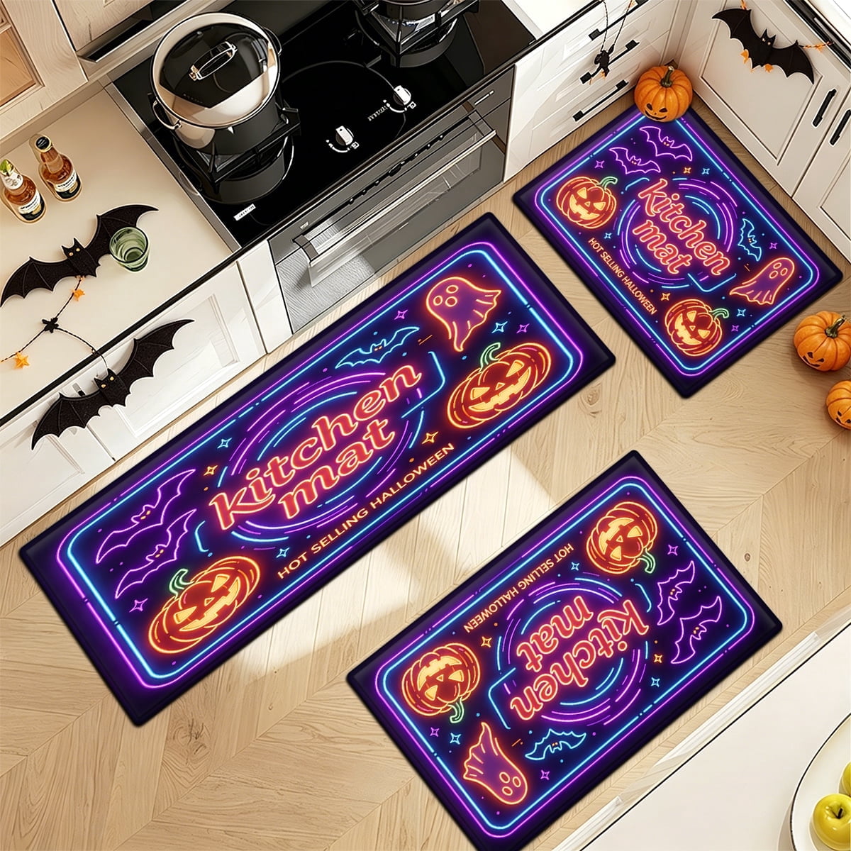 YIMEIS Halloween Neon Pumpkin Lanterns 3Pcs Flannel Mat & Kitchen Rugs Set,Soft Non-slip,16''×24'' 20''×30'' 17''×47'' Inches,for Entryway Bathroom
