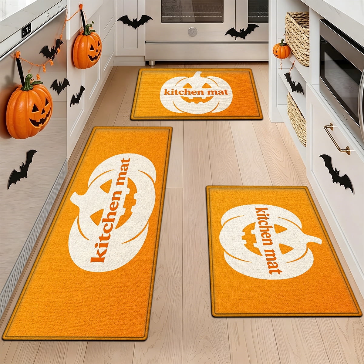 YIMEIS Halloween White Pumpkin Multi-purpose 3-Piece Flannel Mat and Kitchen Rugs,Soft Non-slip for Home Bedroom Bathroom