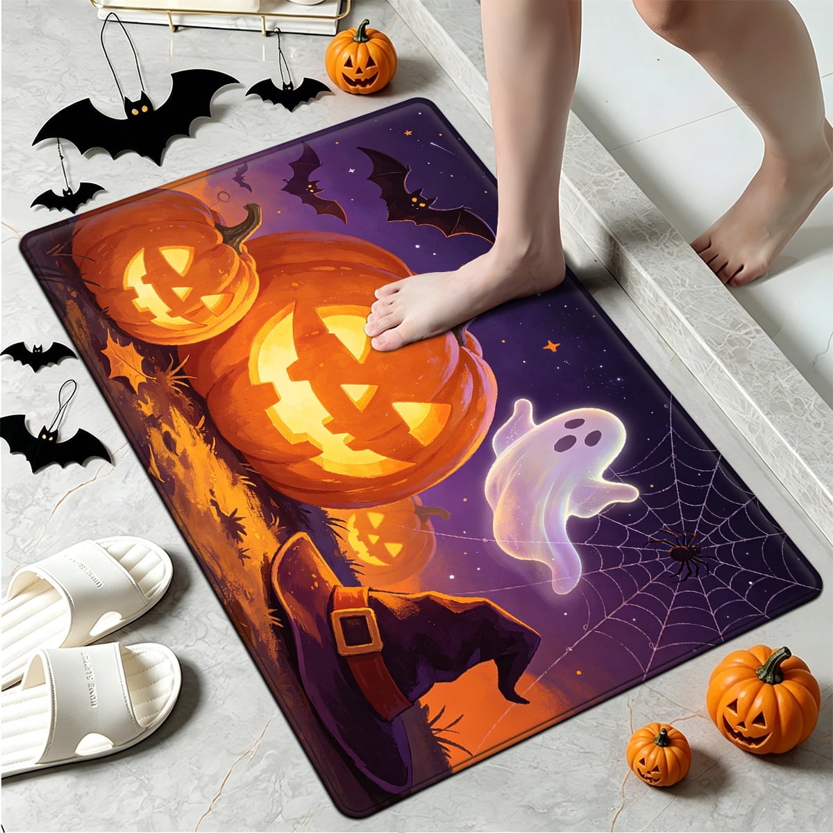 YIMEIS Halloween Pumpkin Lantern 3Pcs Flannel Mat & Kitchen Rugs Set,16''×24'' 20''×30'' 17''×47'' Inches,Soft Non-slip for Home Bathroom
