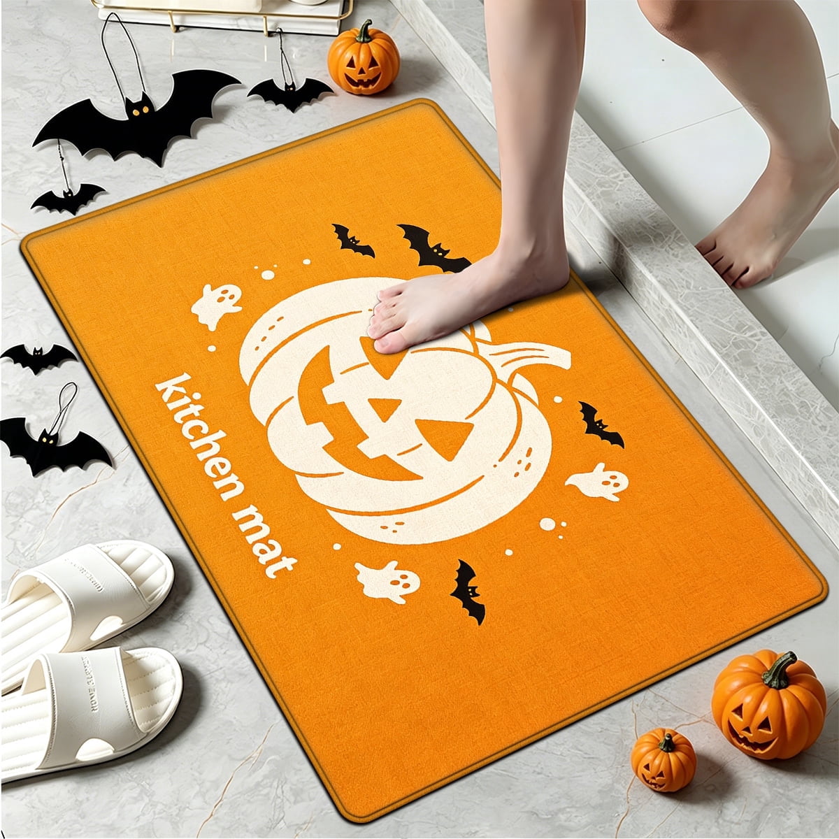 YIMEIS Halloween White Pumpkin Multi-purpose 3-Piece Flannel Mat and Kitchen Rugs,Soft Non-slip for Home Bedroom Bathroom