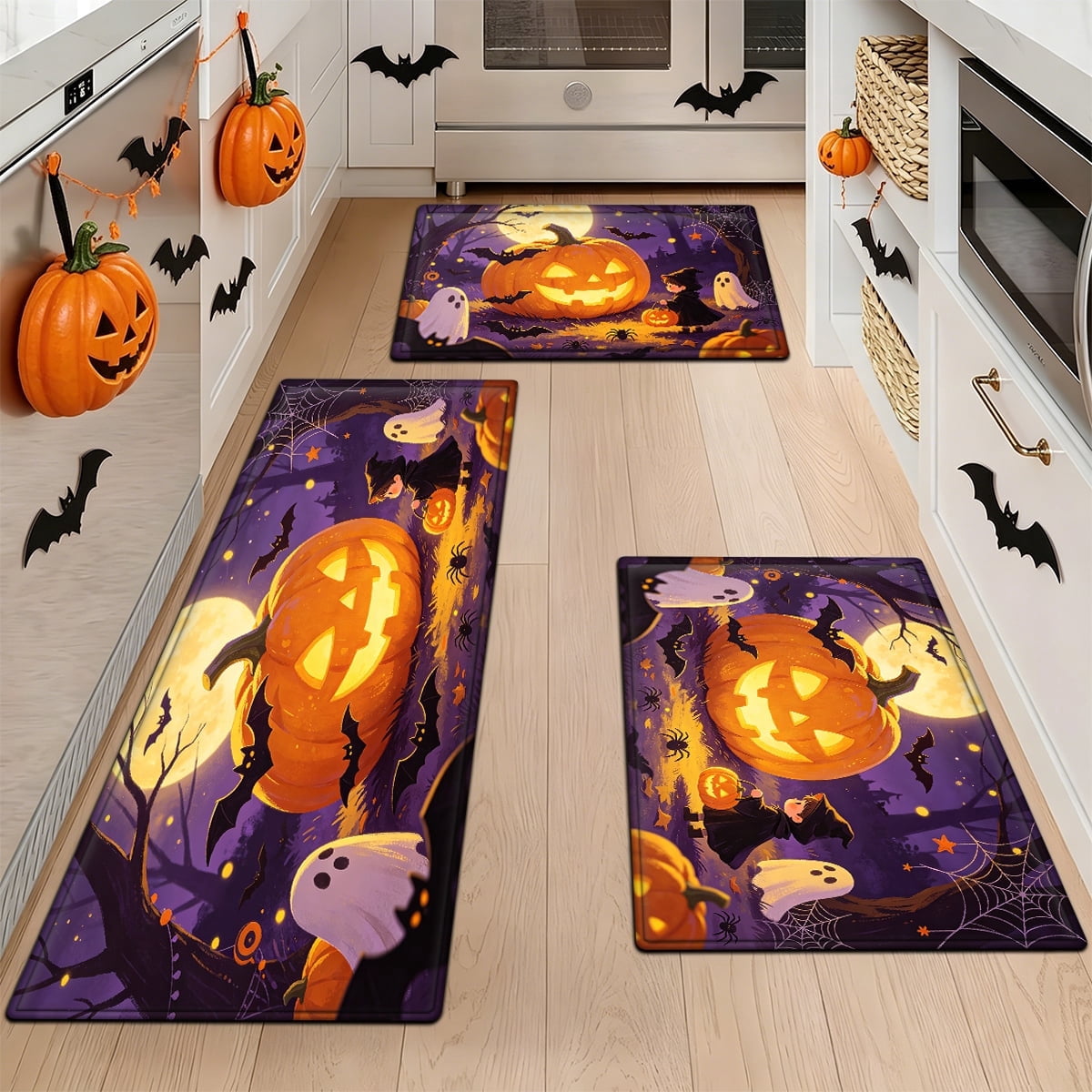 YIMEIS Halloween Pumpkin Lantern 3Pcs Flannel Mat & Kitchen Rugs Set,16''×24'' 20''×30'' 17''×47'' Inches,Soft Non-slip for Home Bathroom