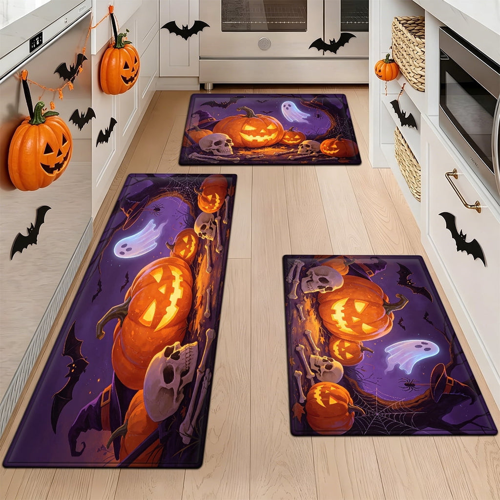 YIMEIS Halloween Pumpkin Lantern 3Pcs Flannel Mat & Kitchen Rugs Set,16''×24'' 20''×30'' 17''×47'' Inches,Soft Non-slip for Home Bathroom