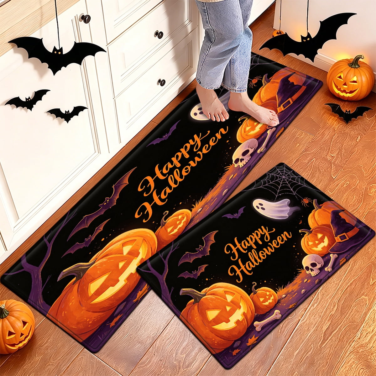 YIMEIS Halloween Pumpkin Lantern 3Pcs Flannel Mat & Kitchen Rugs Set,16''×24'' 20''×30'' 17''×47'' Inches,Soft Non-slip for Home Bathroom