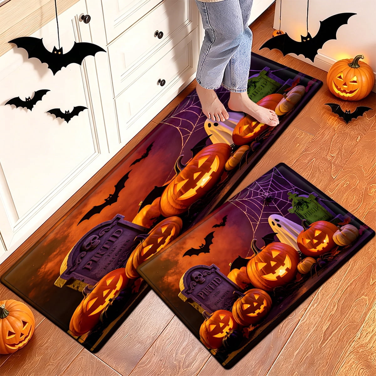 YIMEIS Halloween Pumpkin Lantern 3Pcs Flannel Mat & Kitchen Rugs Set,16''×24'' 20''×30'' 17''×47'' Inches,Soft Non-slip for Home Bathroom