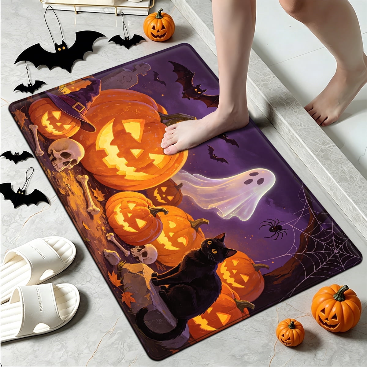 YIMEIS Halloween Pumpkin Lantern 3Pcs Flannel Mat & Kitchen Rugs Set,16''×24'' 20''×30'' 17''×47'' Inches,Soft Non-slip for Home Bathroom