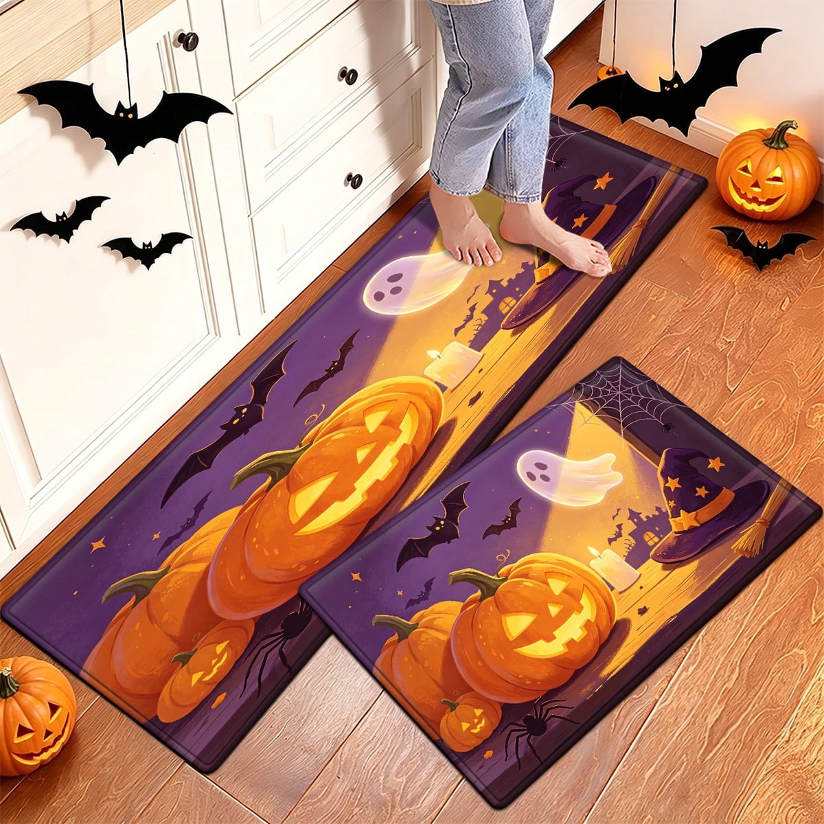 YIMEIS Halloween Pumpkin Lantern 3Pcs Flannel Mat & Kitchen Rugs Set,16''×24'' 20''×30'' 17''×47'' Inches,Soft Non-slip for Home Bathroom