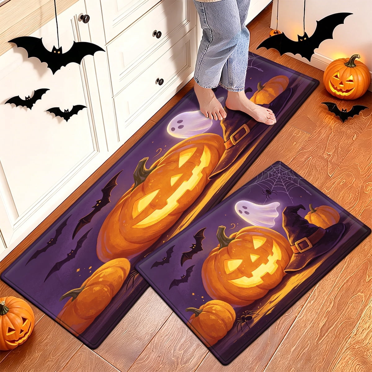 YIMEIS Halloween Pumpkin Lantern 3Pcs Flannel Mat & Kitchen Rugs Set,16''×24'' 20''×30'' 17''×47'' Inches,Soft Non-slip for Home Bathroom