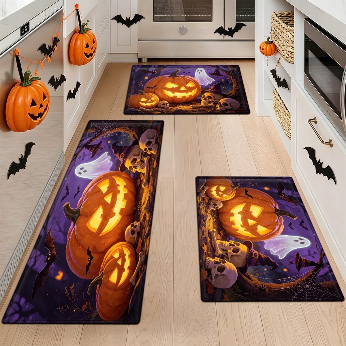 YIMEIS Halloween Pumpkin Lantern 3Pcs Flannel Mat & Kitchen Rugs Set,16''×24'' 20''×30'' 17''×47'' Inches,Soft Non-slip for Home Bathroom