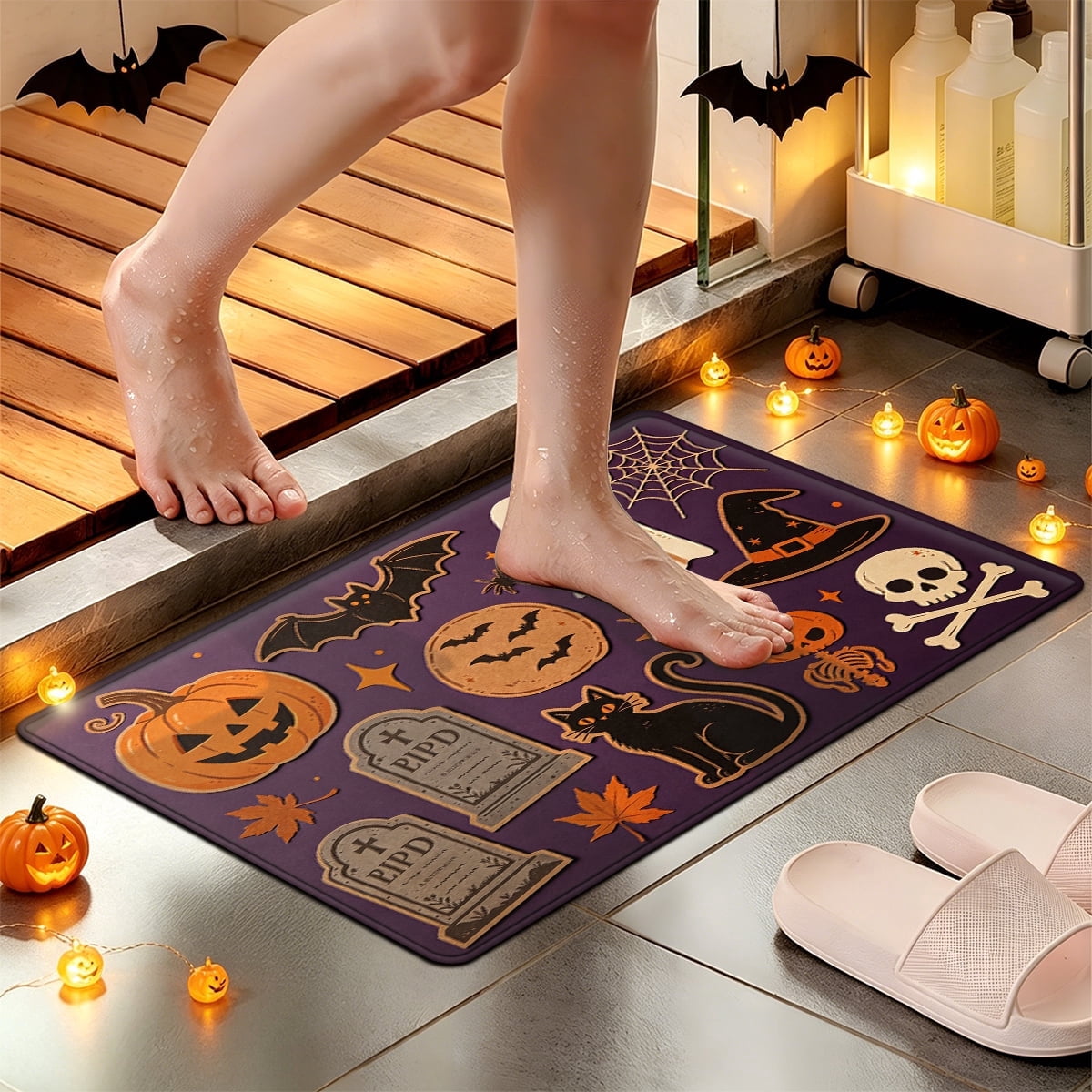 YIMEIS Halloween Neon Pumpkin Lanterns 3Pcs Flannel Mat & Kitchen Rugs Set,Soft Non-slip,16''×24'' 20''×30'' 17''×47'' Inches,for Entryway Bathroom