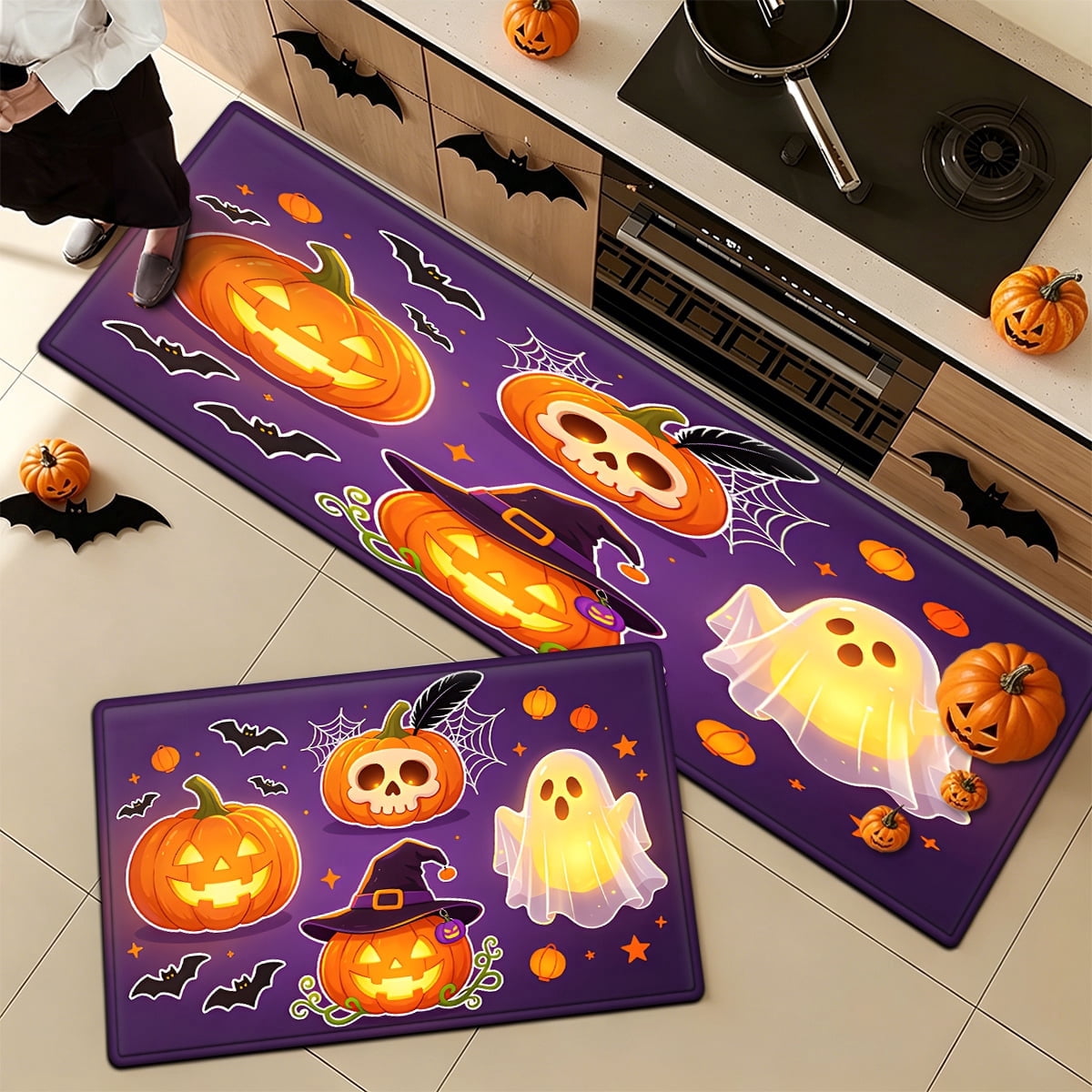 YIMEIS Halloween Neon Pumpkin Lanterns 3Pcs Flannel Mat & Kitchen Rugs Set,Soft Non-slip,16''×24'' 20''×30'' 17''×47'' Inches,for Entryway Bathroom