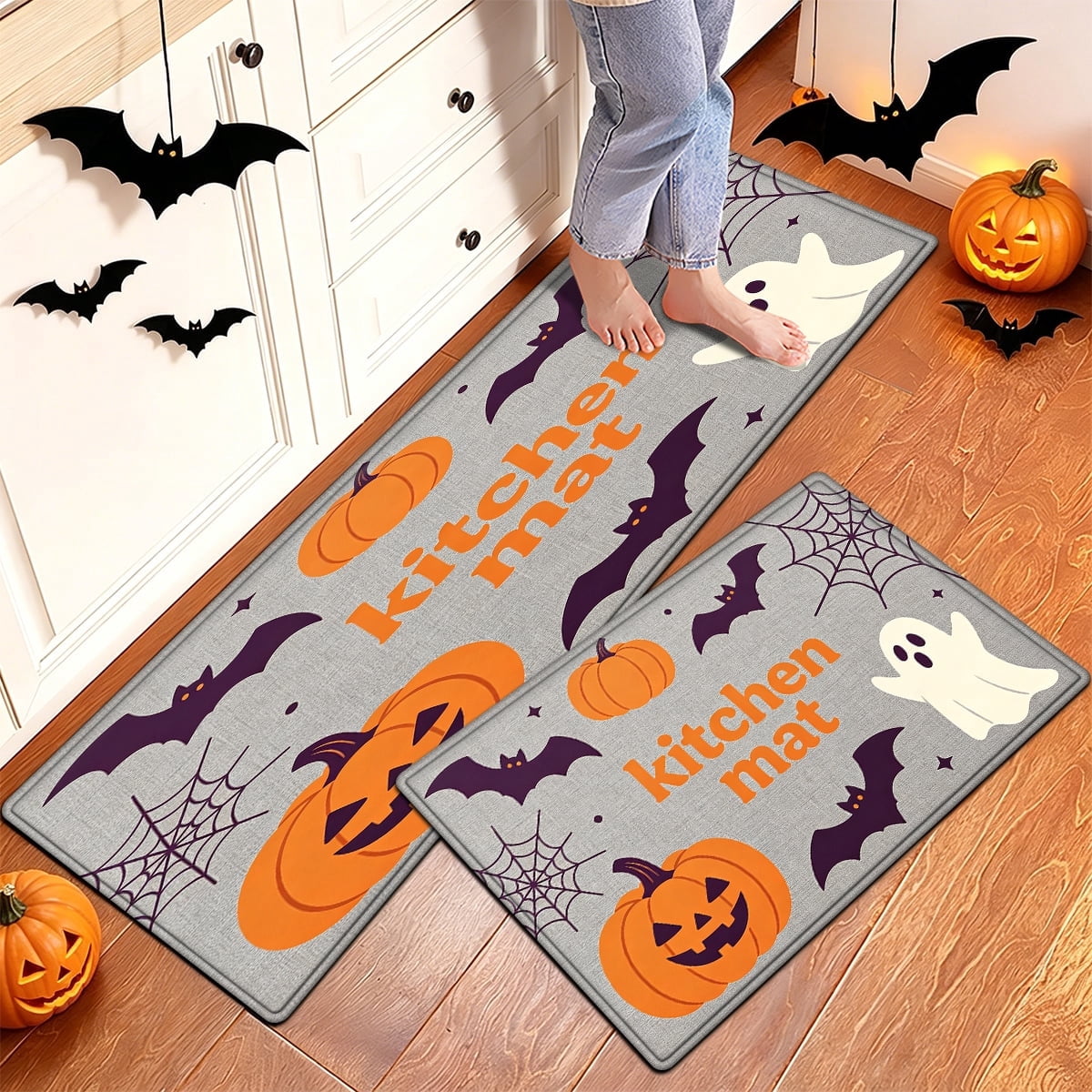 YIMEIS Halloween Pumpkin Lanterns 3Pcs Flannel Mat and Kitchen Rugs Set,Soft Non-slip,Perfect for Home Bathroom
