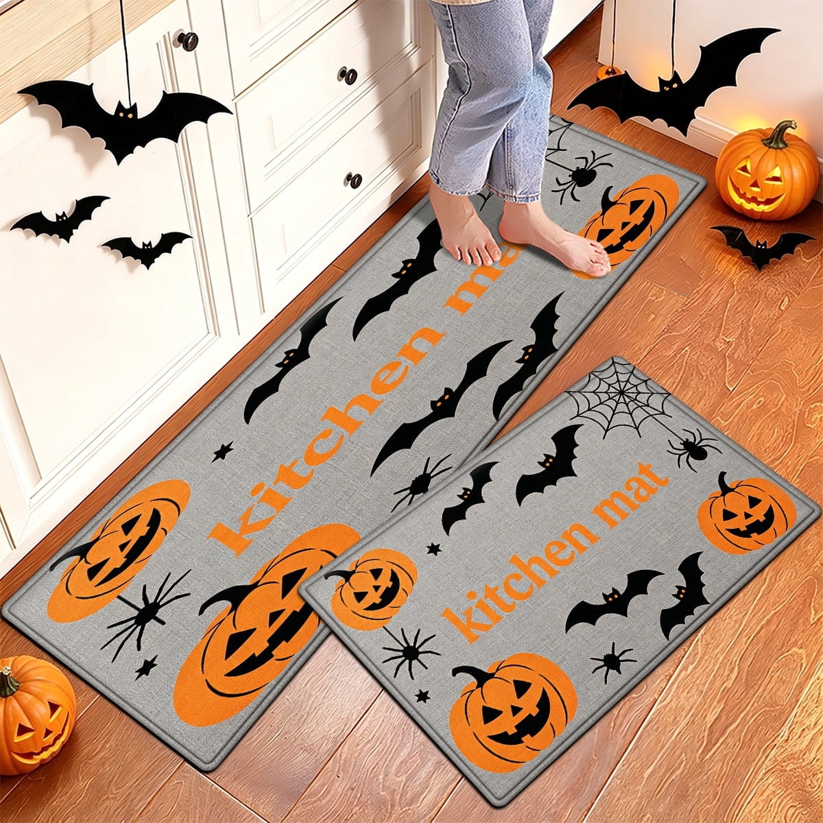 YIMEIS Halloween Pumpkin Lanterns 3Pcs Flannel Mat and Kitchen Rugs Set,Soft Non-slip,Perfect for Home Bathroom