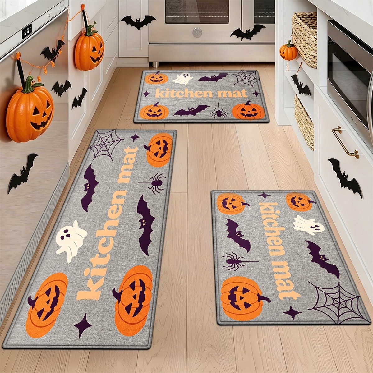 YIMEIS Halloween Pumpkin Lanterns 3Pcs Flannel Mat and Kitchen Rugs Set,Soft Non-slip,Perfect for Home Bathroom