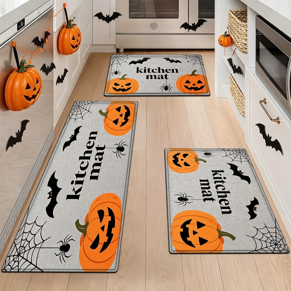 YIMEIS Halloween Pumpkin Lanterns 3Pcs Flannel Mat and Kitchen Rugs Set,Soft Non-slip,Perfect for Home Bathroom