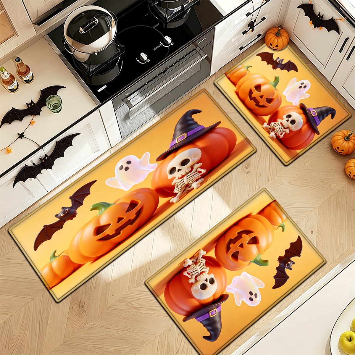 YIMEIS Halloween Neon Pumpkin Lanterns 3Pcs Flannel Mat & Kitchen Rugs Set,Soft Non-slip,16''×24'' 20''×30'' 17''×47'' Inches,for Entryway Bathroom