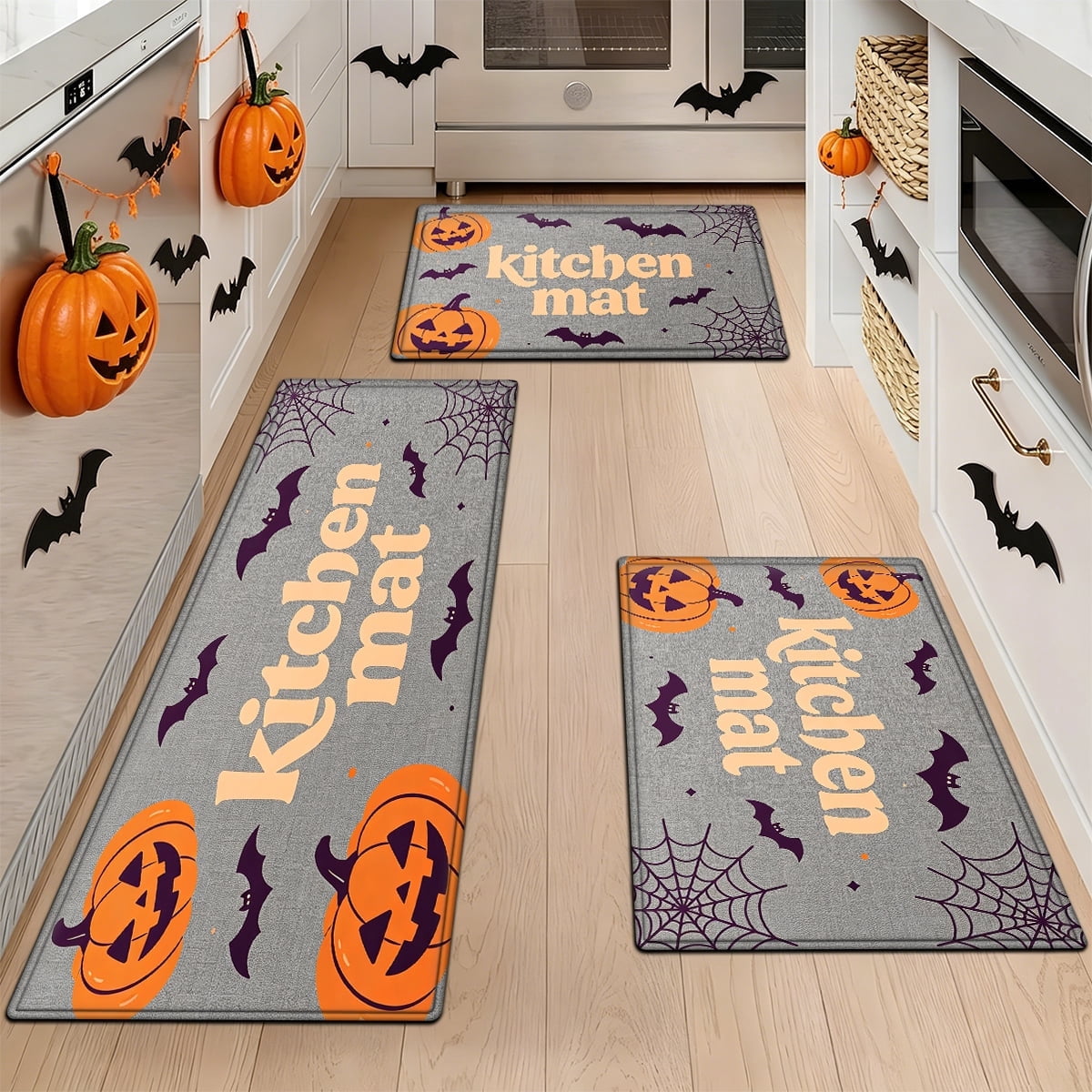 YIMEIS Halloween Pumpkin Lanterns 3Pcs Flannel Mat and Kitchen Rugs Set,Soft Non-slip,Perfect for Home Bathroom