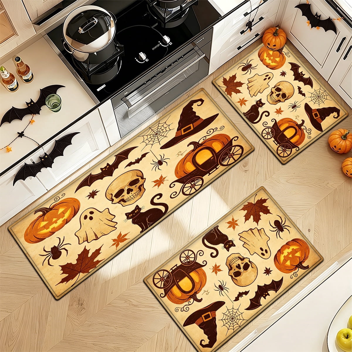YIMEIS Halloween Neon Pumpkin Lanterns 3Pcs Flannel Mat & Kitchen Rugs Set,Soft Non-slip,16''×24'' 20''×30'' 17''×47'' Inches,for Entryway Bathroom