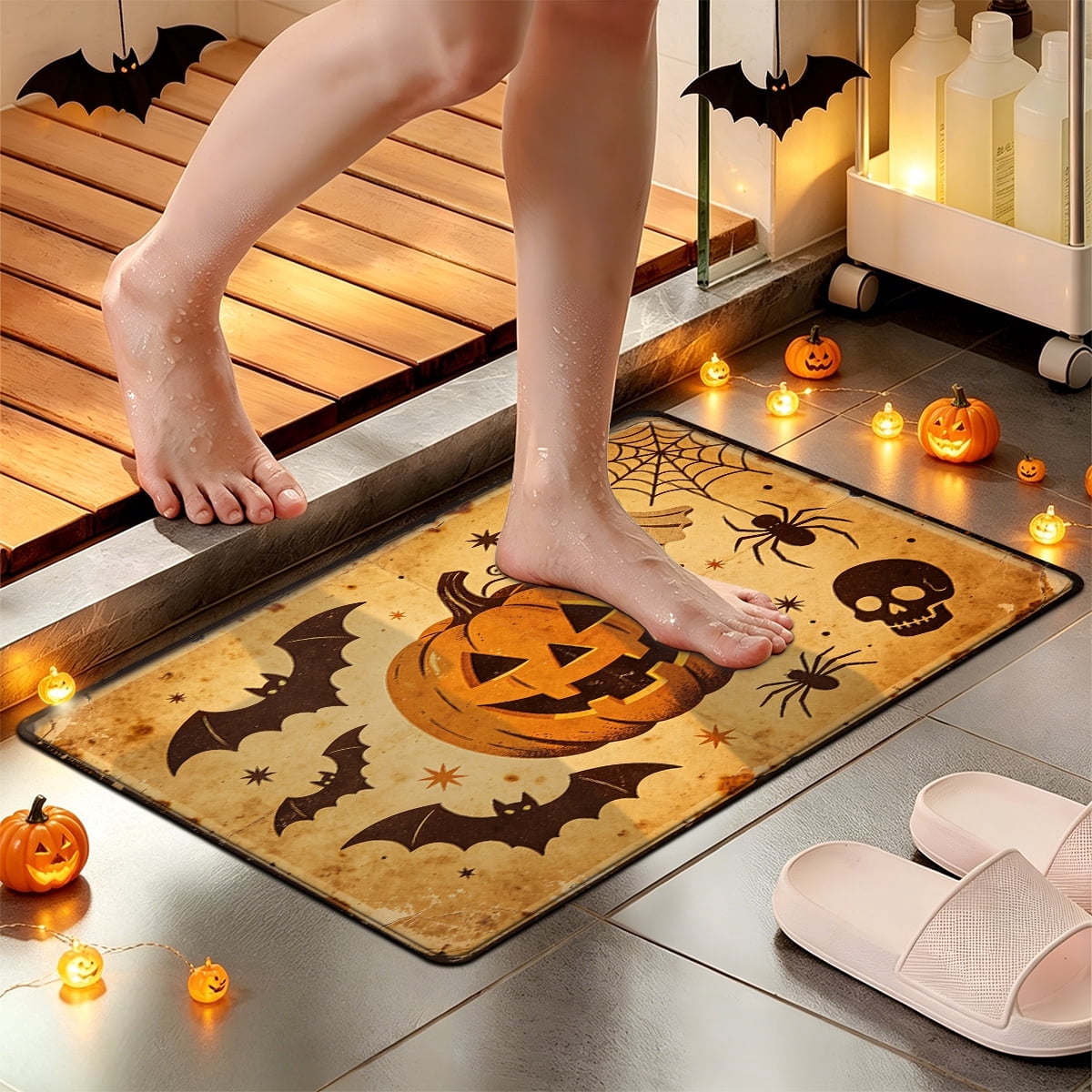 YIMEIS Halloween Neon Pumpkin Lanterns 3Pcs Flannel Mat & Kitchen Rugs Set,Soft Non-slip,16''×24'' 20''×30'' 17''×47'' Inches,for Entryway Bathroom