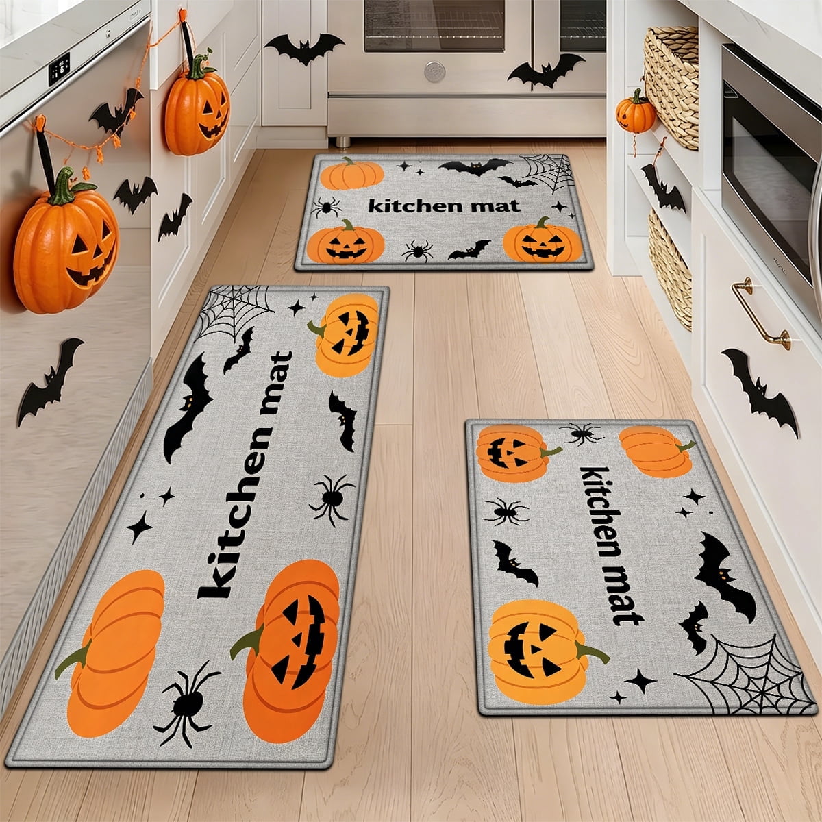 YIMEIS Halloween Pumpkin Lanterns 3Pcs Flannel Mat and Kitchen Rugs Set,Soft Non-slip,Perfect for Home Bathroom