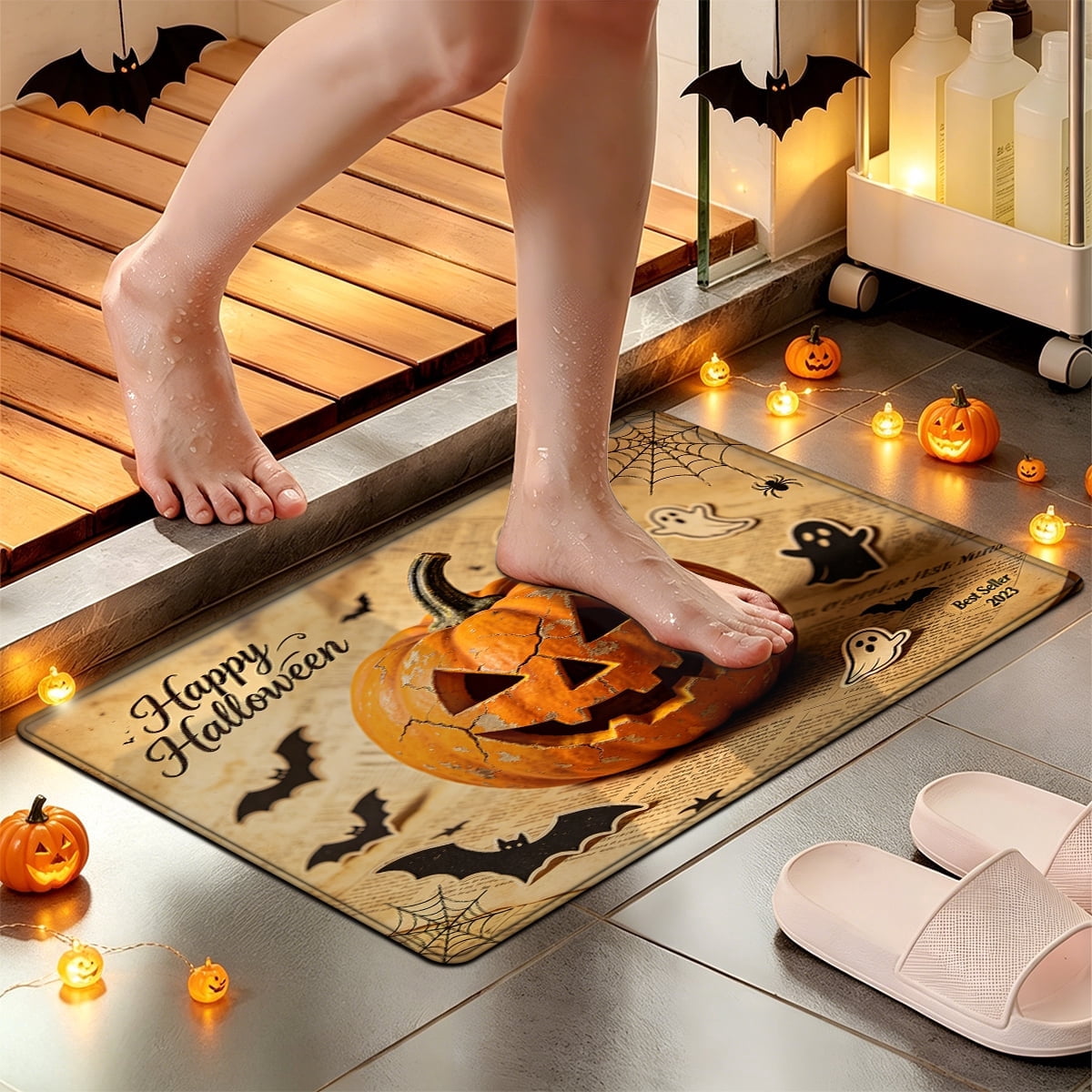 YIMEIS Halloween Neon Pumpkin Lanterns 3Pcs Flannel Mat & Kitchen Rugs Set,Soft Non-slip,16''×24'' 20''×30'' 17''×47'' Inches,for Entryway Bathroom