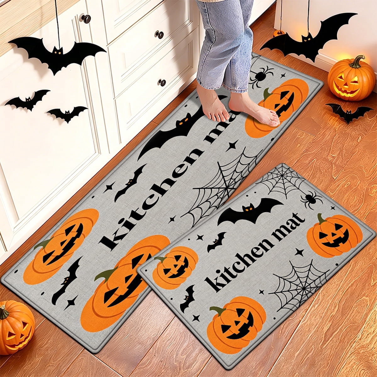 YIMEIS Halloween Pumpkin Lanterns 3Pcs Flannel Mat and Kitchen Rugs Set,Soft Non-slip,Perfect for Home Bathroom