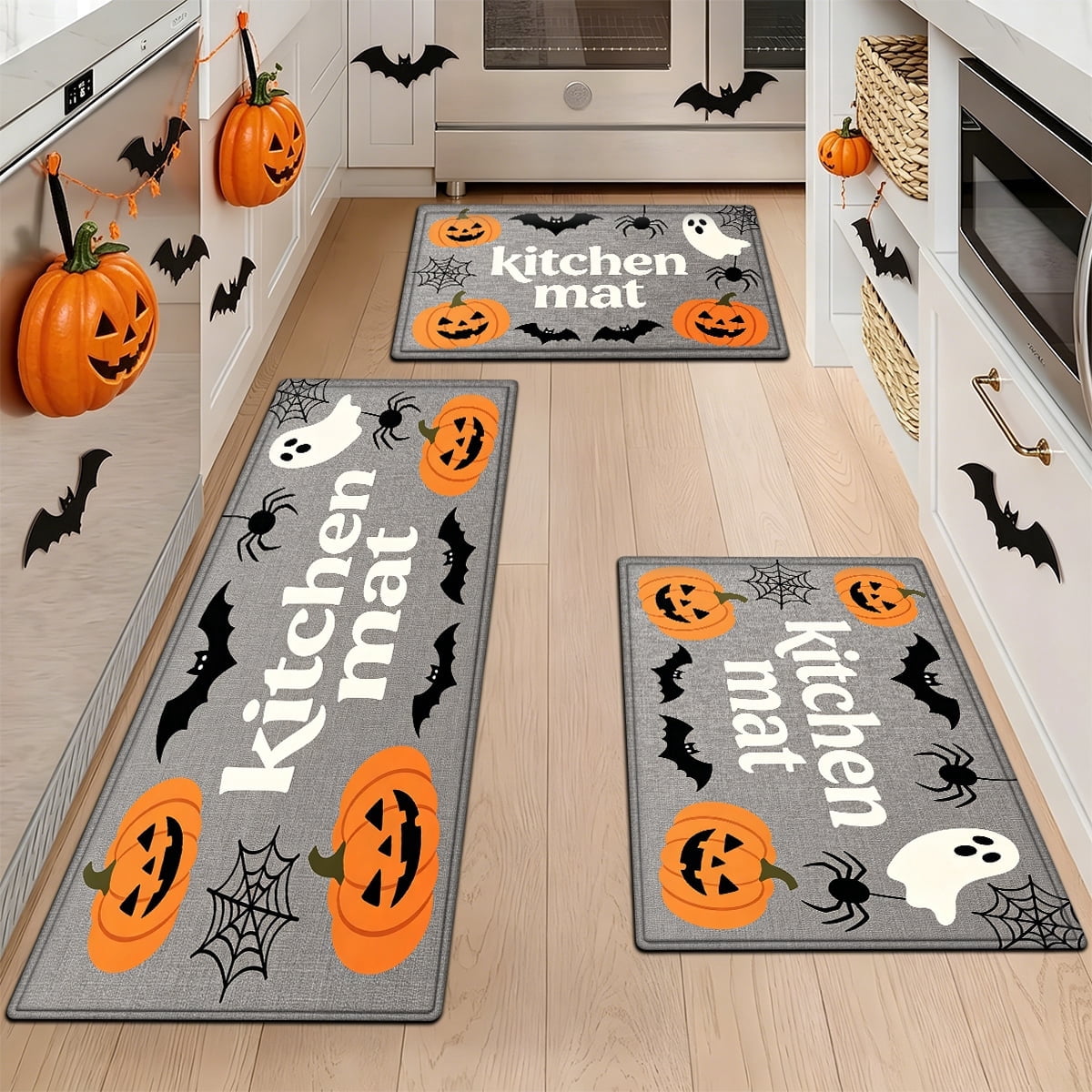 YIMEIS Halloween Pumpkin Lanterns 3Pcs Flannel Mat and Kitchen Rugs Set,Soft Non-slip,Perfect for Home Bathroom