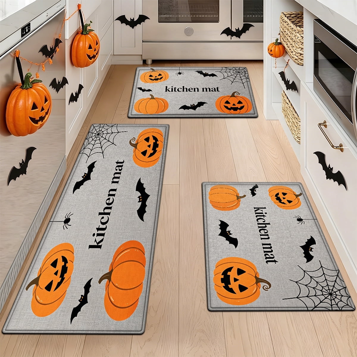 YIMEIS Halloween Pumpkin Lanterns 3Pcs Flannel Mat and Kitchen Rugs Set,Soft Non-slip,Perfect for Home Bathroom