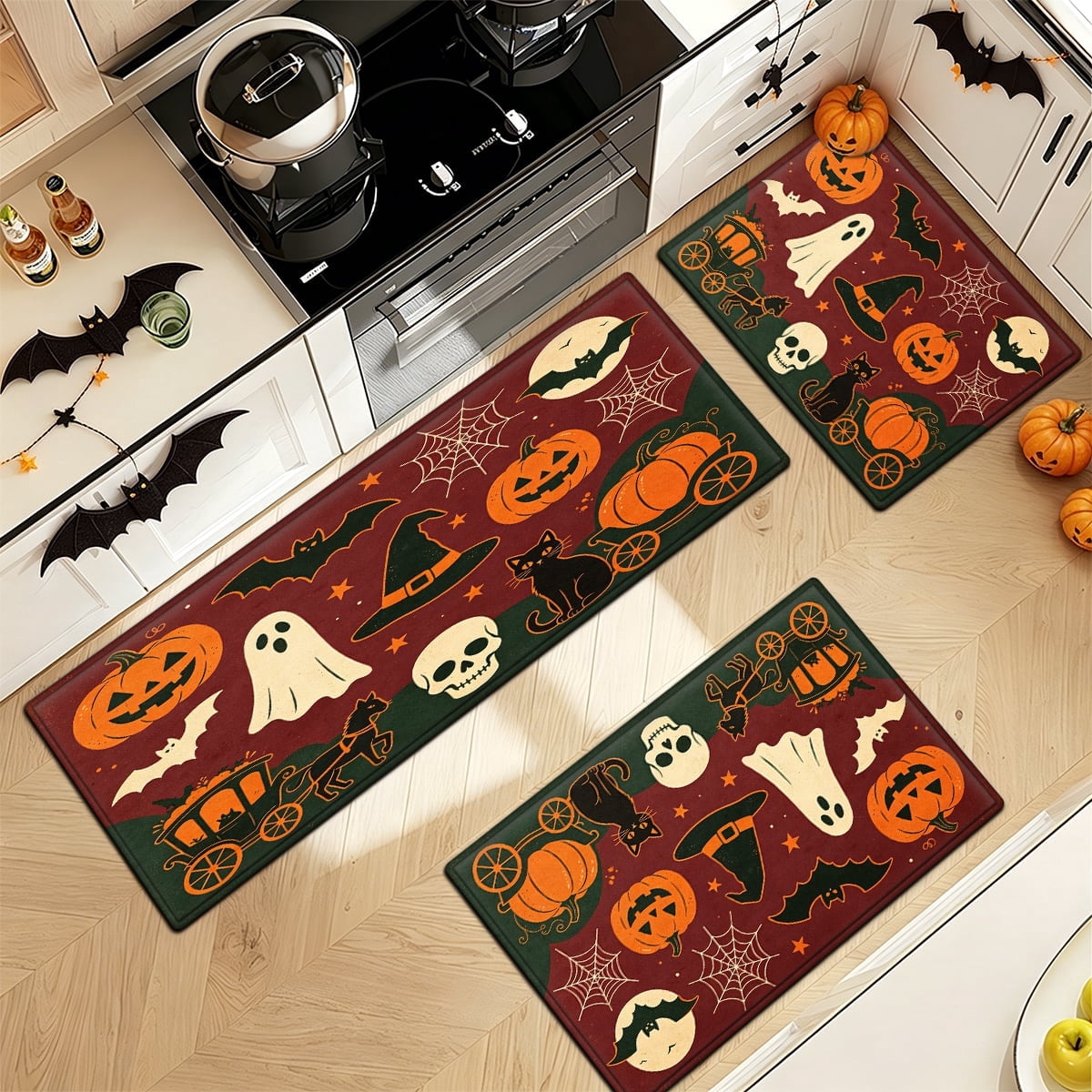 YIMEIS Halloween Neon Pumpkin Lanterns 3Pcs Flannel Mat & Kitchen Rugs Set,Soft Non-slip,16''×24'' 20''×30'' 17''×47'' Inches,for Entryway Bathroom