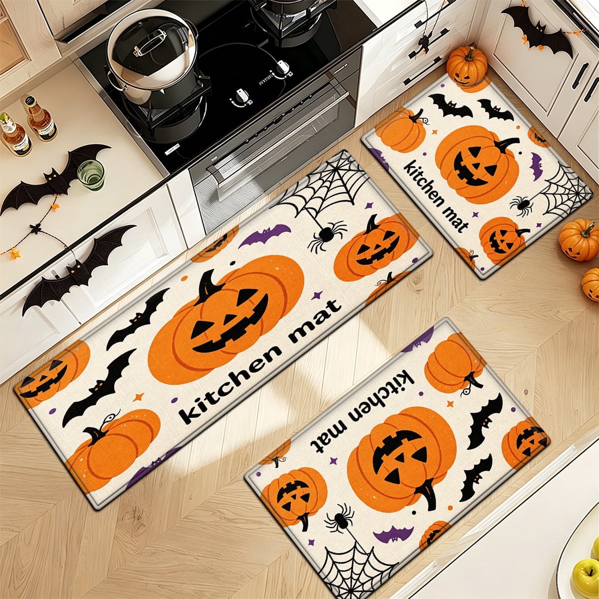YIMEIS Halloween Neon Pumpkin Lanterns 3Pcs Flannel Mat & Kitchen Rugs Set,Soft Non-slip,16''×24'' 20''×30'' 17''×47'' Inches,for Entryway Bathroom