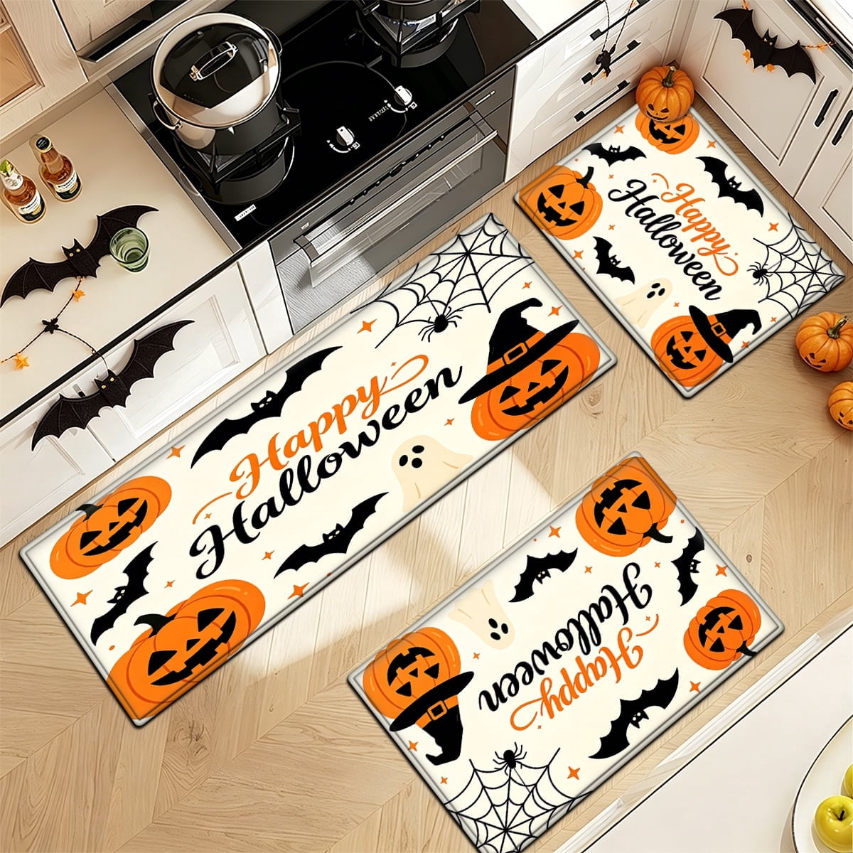 YIMEIS Halloween Neon Pumpkin Lanterns 3Pcs Flannel Mat & Kitchen Rugs Set,Soft Non-slip,16''×24'' 20''×30'' 17''×47'' Inches,for Entryway Bathroom