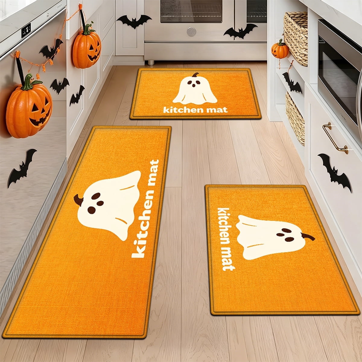 YIMEIS Halloween White Pumpkin Multi-purpose 3-Piece Flannel Mat and Kitchen Rugs,Soft Non-slip for Home Bedroom Bathroom