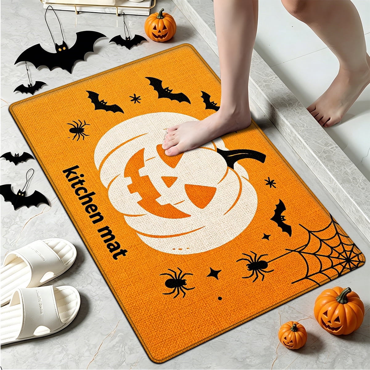 YIMEIS Halloween White Pumpkin Multi-purpose 3-Piece Flannel Mat and Kitchen Rugs,Soft Non-slip for Home Bedroom Bathroom
