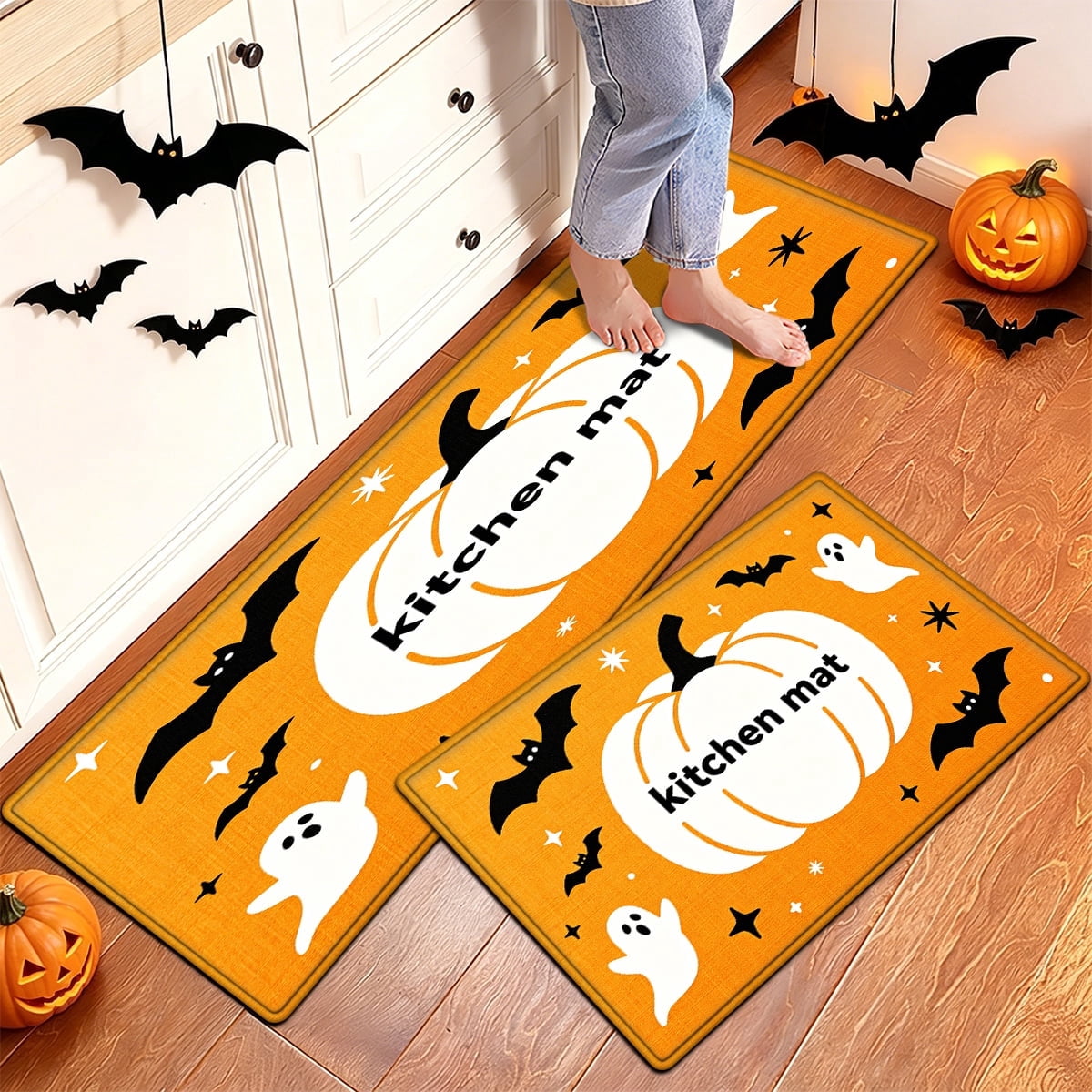 YIMEIS Halloween White Pumpkin Multi-purpose 3-Piece Flannel Mat and Kitchen Rugs,Soft Non-slip for Home Bedroom Bathroom