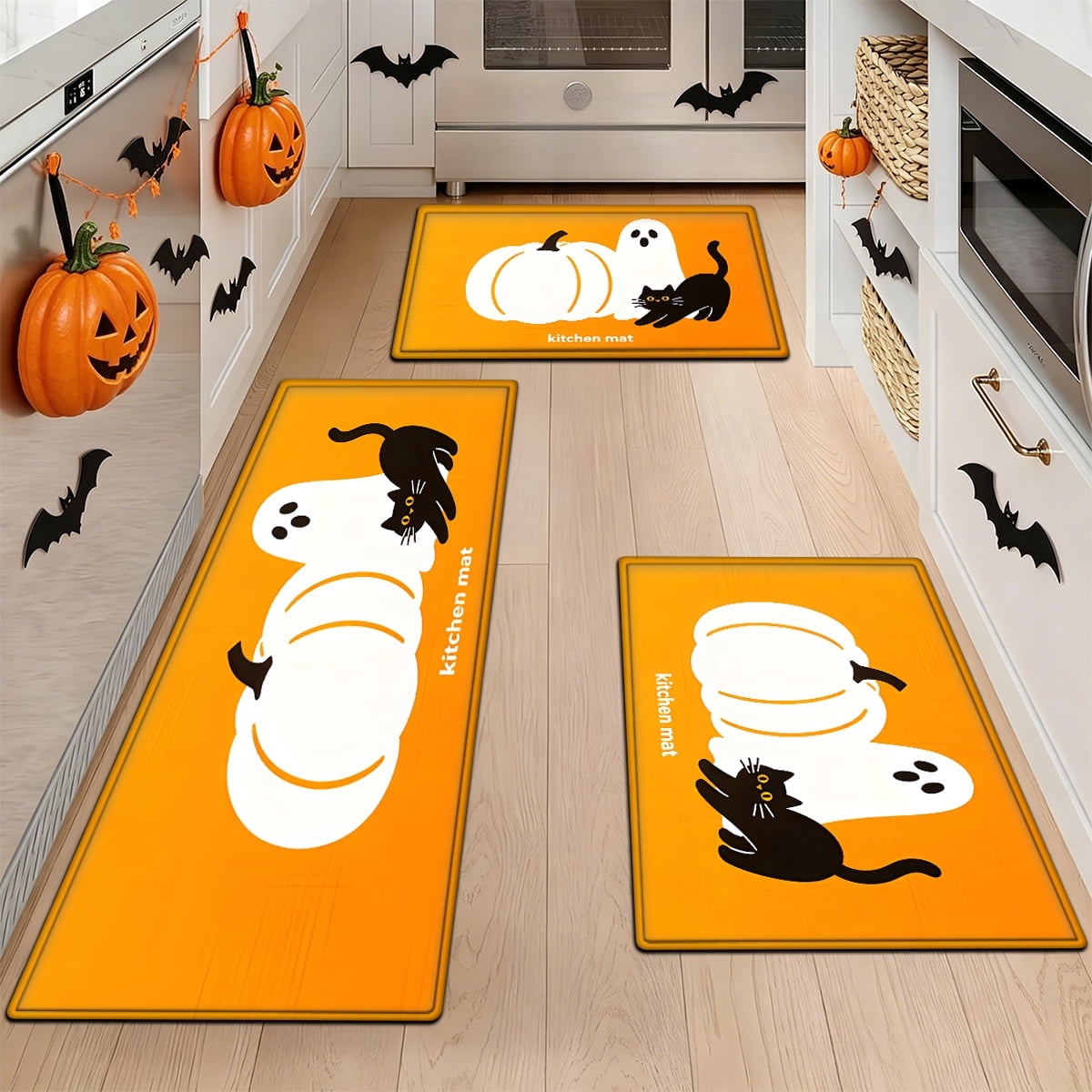 YIMEIS Halloween White Pumpkin Multi-purpose 3-Piece Flannel Mat and Kitchen Rugs,Soft Non-slip for Home Bedroom Bathroom