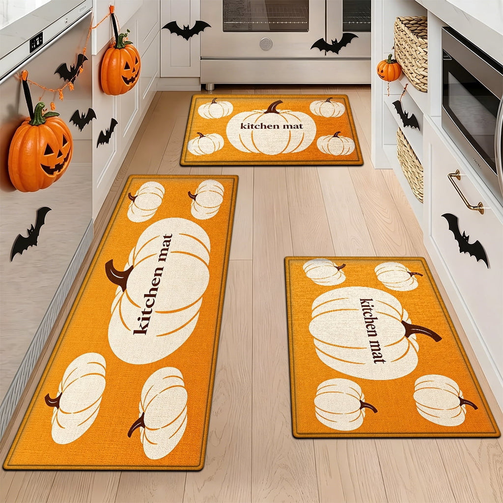 YIMEIS Halloween White Pumpkin Multi-purpose 3-Piece Flannel Mat and Kitchen Rugs,Soft Non-slip for Home Bedroom Bathroom