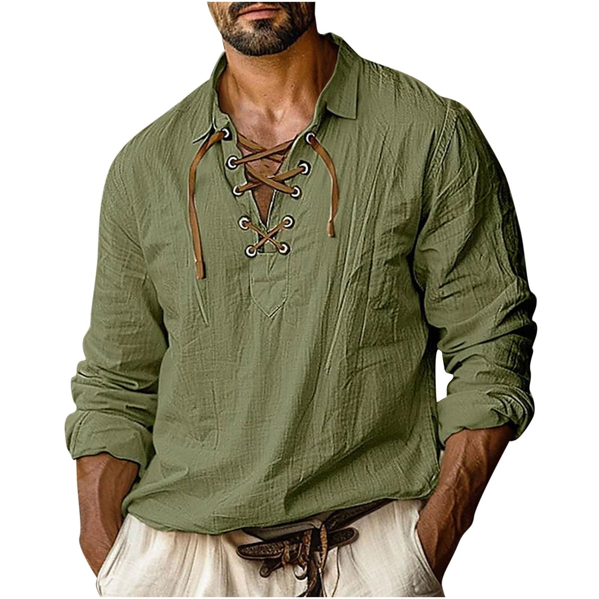 YLSDY Men's Medieval Renaissance Pirate Shirt Vintage Linen Tunic Tops V-Neck Long Sleeve Lace-Up Loose Fit Blouse Orange XXXL