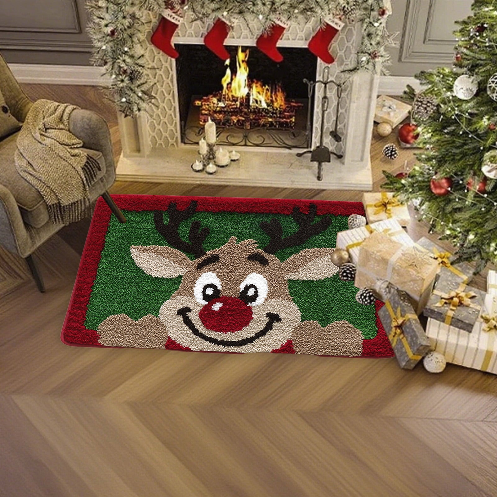 Mats Savings YZEGDCH Christmas Reindeer Rugs- Green Rugs for Living Room Christmas Doormat Indoor Outdoor Entrance Floor Rug Non Slip Winter Christmas Decor Rubber Welcome Mats
