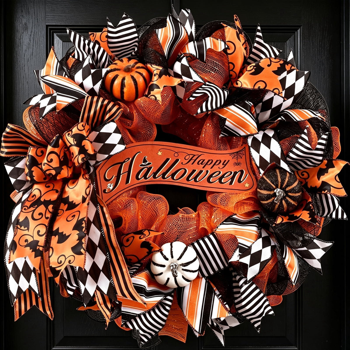 Yastouay 20" Halloween Wreath for Front Door Orange Black Mesh Wreath with Pumpkins "Happy Halloween" Fall Harvest Decor for Party