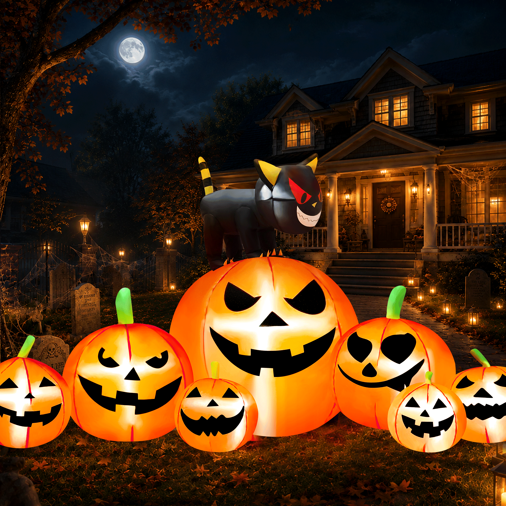 Yexmas 8.7ft Halloween Inflatables Pumpkins 7 Blow Up Decor with Witches Hat, Built-in LED Lights for Halloween Party, Yard, Garden, Lawn
