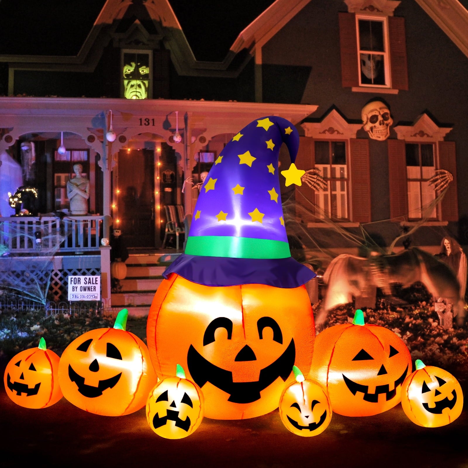 Yexmas 8.7ft Halloween Inflatables Pumpkins 7 Blow Up Decor with Witches Hat, Built-in LED Lights for Halloween Party, Yard, Garden, Lawn