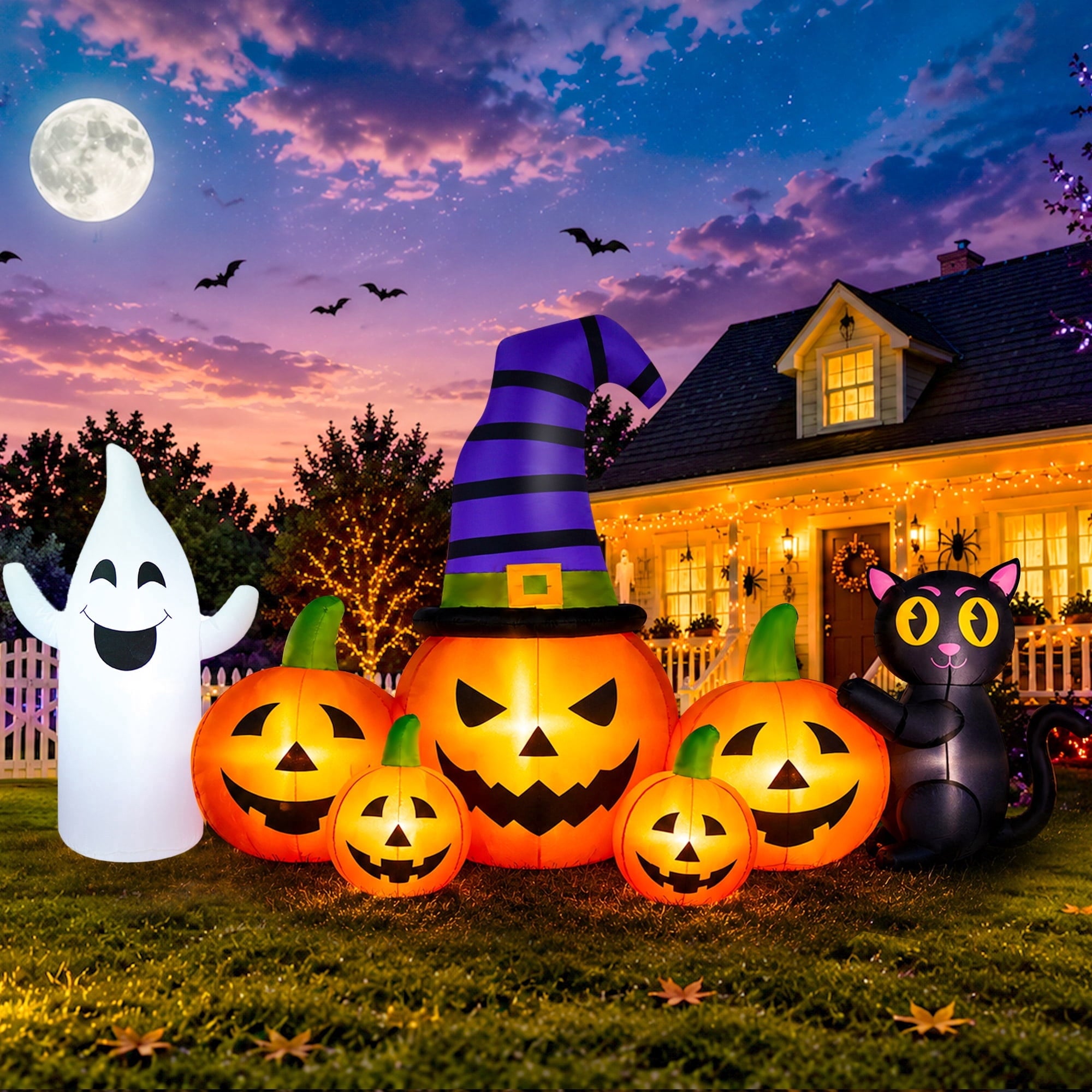 Yexmas 8 FT Long Halloween Inflatable Ghost with Witch Hat, 6 Pumpkins Halloween Blow Ups with Black Cat for Halloween Party Outdoor Yard Garden Lawn Decor