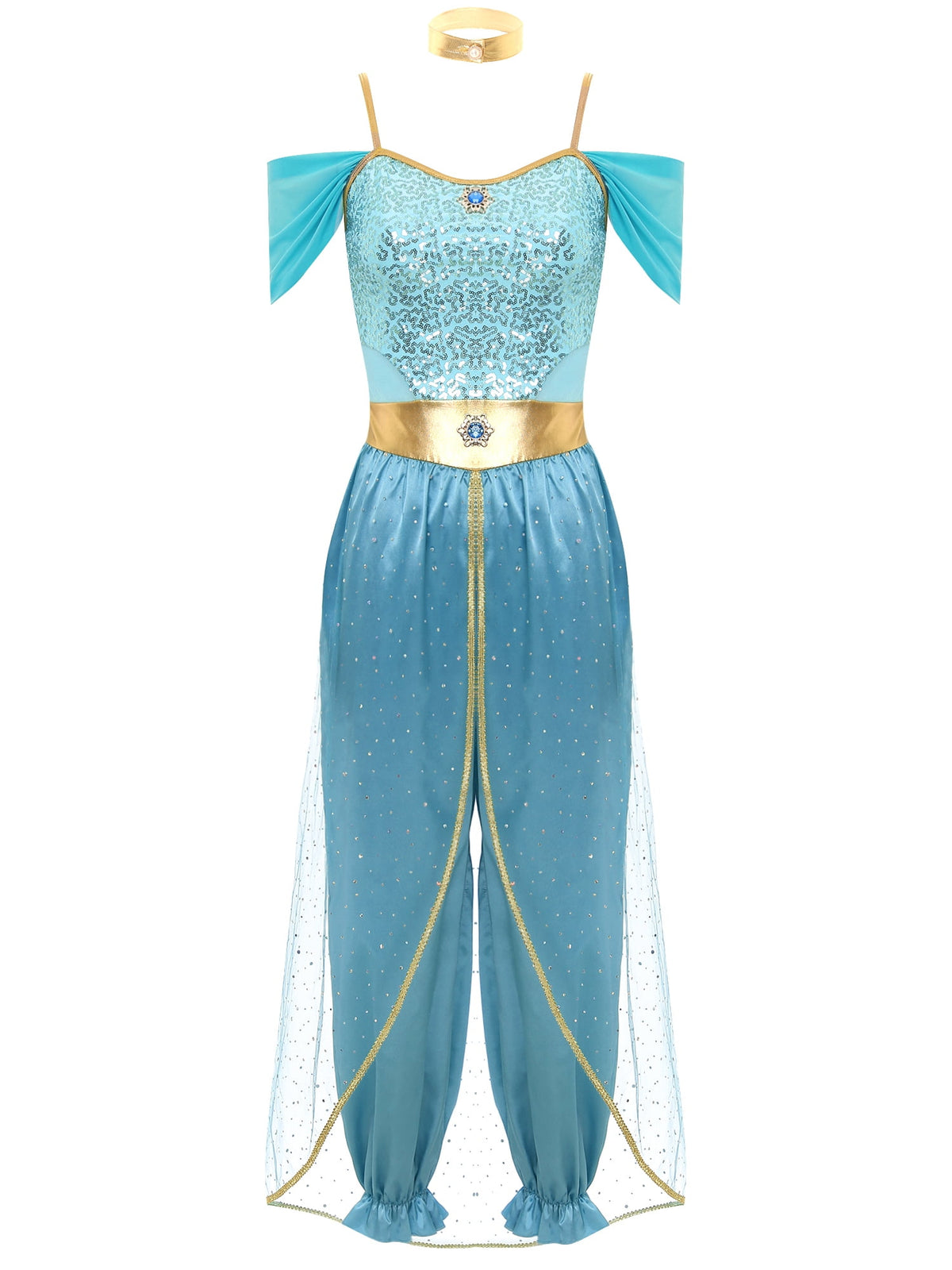 YiZYiF Women's Arabian Princess Dance Costume Halloween Party Fancy Dress Shiny Belly Dance Jumpsuit Turquoise B M