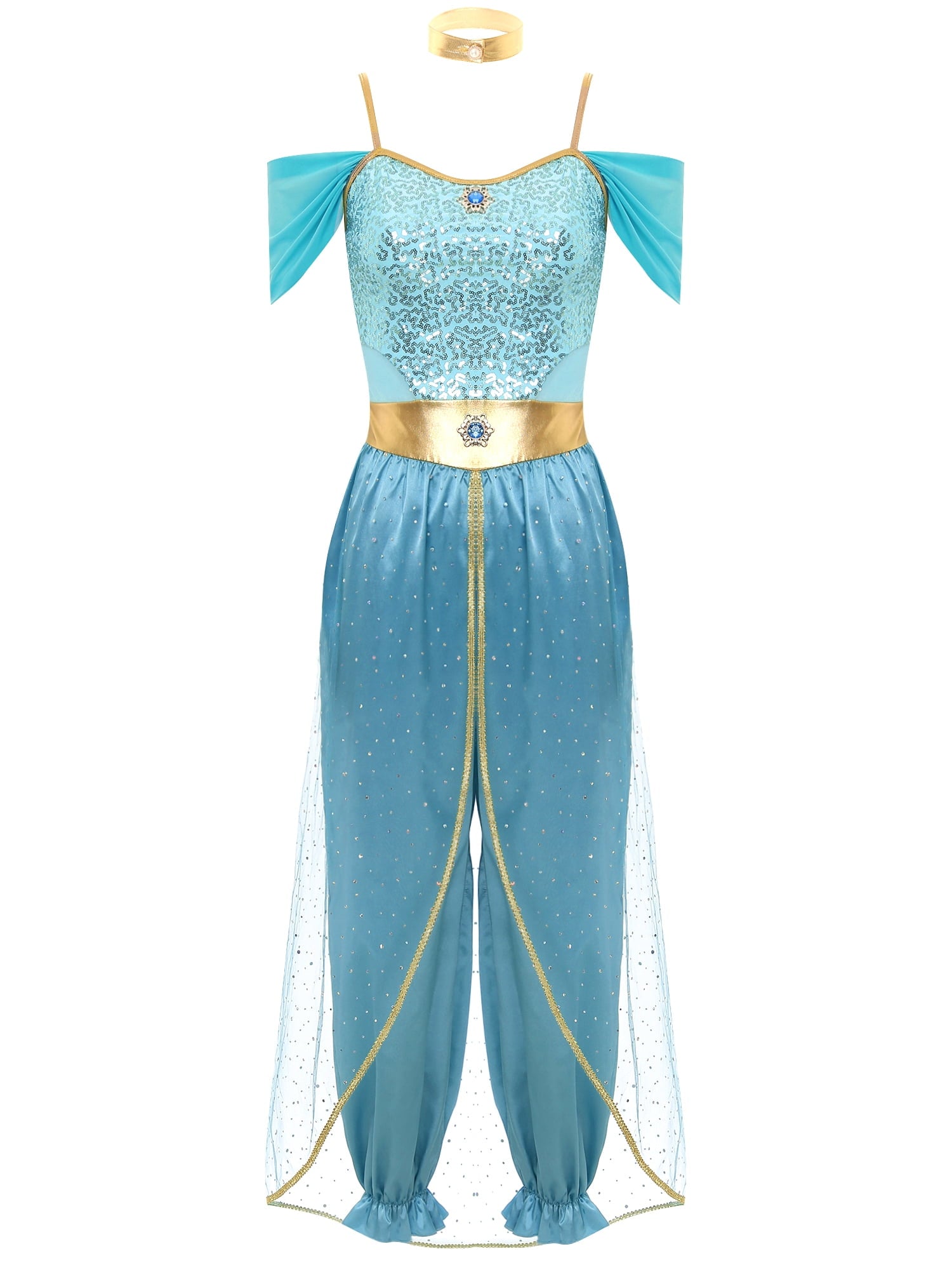 YiZYiF Women's Arabian Princess Dance Costume Halloween Party Fancy Dress Shiny Belly Dance Jumpsuit Turquoise B 4XL