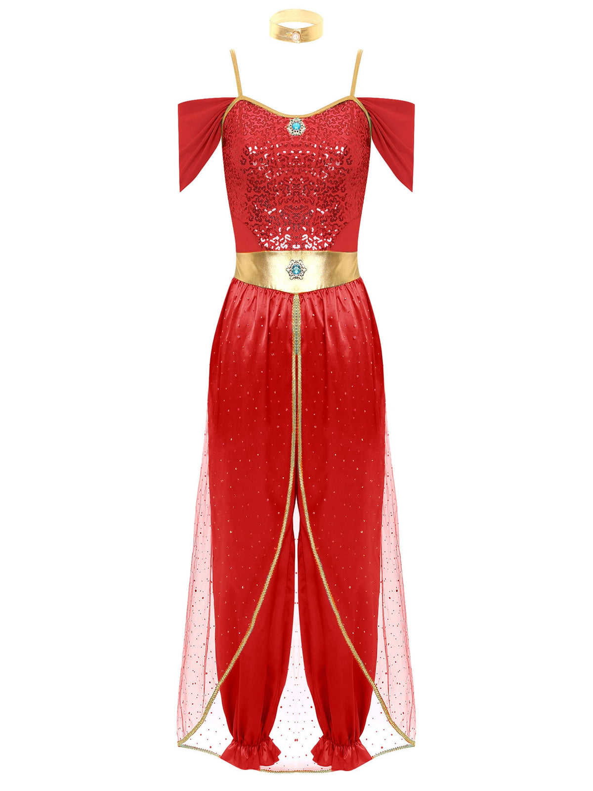 YiZYiF Women's Arabian Princess Dance Costume Halloween Party Fancy Dress Shiny Belly Dance Jumpsuit Turquoise B M