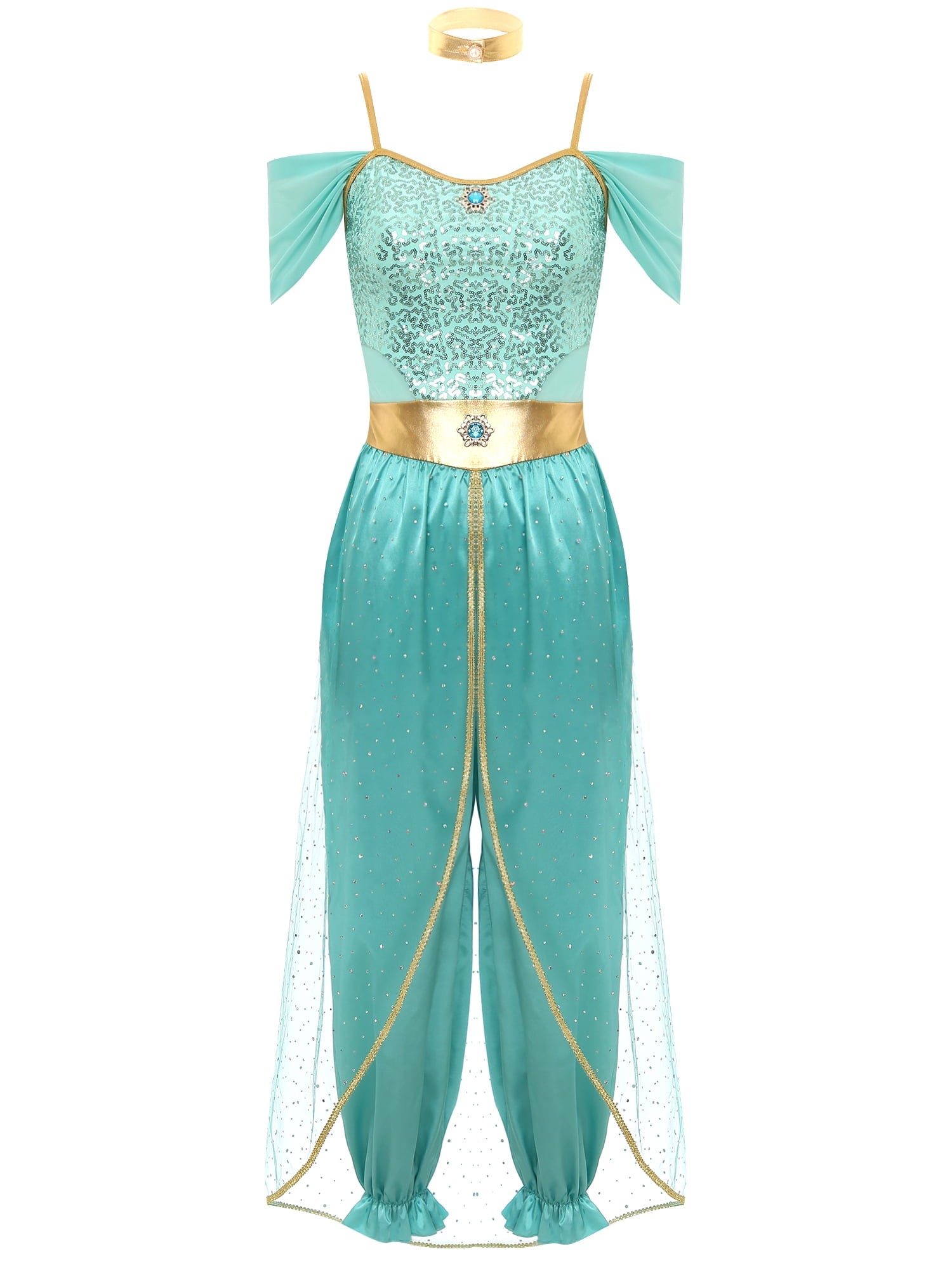 YiZYiF Women's Arabian Princess Dance Costume Halloween Party Fancy Dress Shiny Belly Dance Jumpsuit Turquoise B 4XL